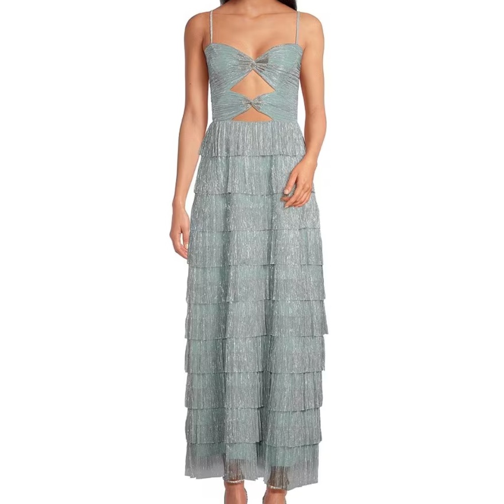 Gianni Binni Grace Metallic Plisse Sweetheart Neck Cut-Out Tiered Dress